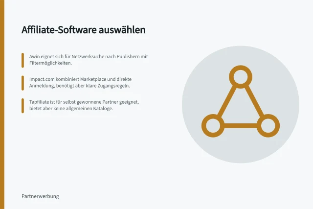 Affiliate-Software auswählen: Awin eignet sich für Netzwerksuche nach Publishern mit Filtermöglichkeiten.; impact.com kombiniert Marketplace und direkte Anmeldung, benötigt aber klare Zugangsregeln.; Tapfiliate ist für selbst gewonnene Partner geeignet, bietet aber keine allgemeinen Kataloge. Affiliate-Software auswählen