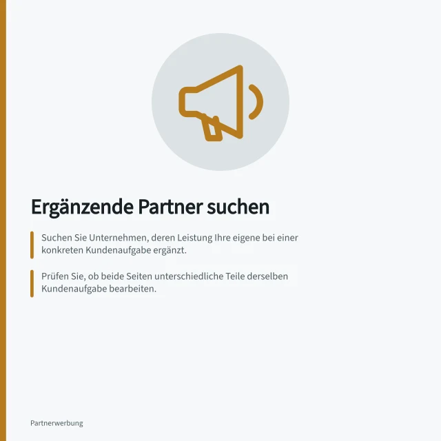 Ergänzende Partner suchen: Suchen Sie Unternehmen, deren Leistung Ihre eigene bei einer konkreten Kundenaufgabe ergänzt.; Prüfen Sie, ob beide Seiten unterschiedliche Teile derselben Kundenaufgabe bearbeiten.; Ein IHK-Praxisleitfaden hilft bei der Bewertung von Kooperationen zwischen Dienstleistern. Ergänzende Partner statt direkter Wettbewerber suchen