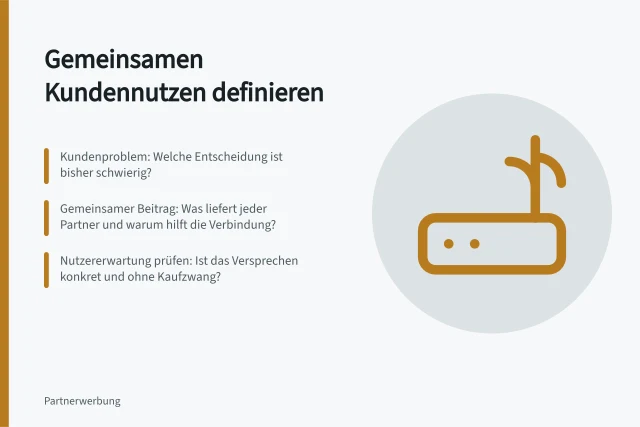 Gemeinsamen Kundennutzen definieren: Kundenproblem: Welche Entscheidung ist bisher schwierig?; Gemeinsamer Beitrag: Was liefert jeder Partner und warum hilft die Verbindung?; Nutzererwartung prüfen: Ist das Versprechen konkret und ohne Kaufzwang?. Gemeinsamen Kundennutzen vor einer Aktion definieren