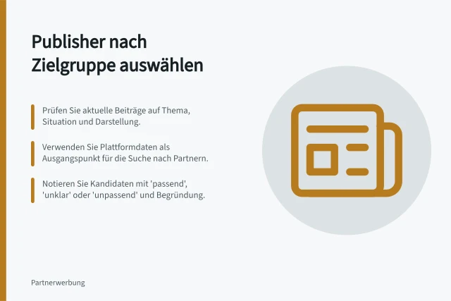 Publisher nach Zielgruppe auswählen: Prüfen Sie aktuelle Beiträge auf Thema, Situation und Darstellung.; Verwenden Sie Plattformdaten als Ausgangspunkt für die Suche nach Partnern.; Notieren Sie Kandidaten mit 'passend', 'unklar' oder 'unpassend' und Begründung. Publisher nach Zielgruppenpassung auswählen