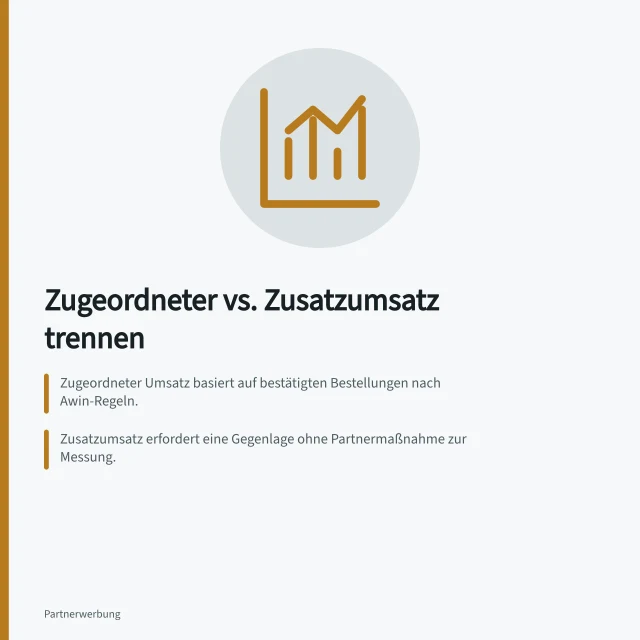 Zugeordneter vs. Zusatzumsatz trennen: Zugeordneter Umsatz basiert auf bestätigten Bestellungen nach Awin-Regeln.; Zusatzumsatz erfordert eine Gegenlage ohne Partnermaßnahme zur Messung.; Ohne Testgruppe darf Zusatzumsatz nicht behauptet, sondern nur als Hinweis genannt werden. Zugeordneten Umsatz und Zusatzumsatz trennen